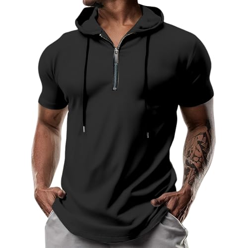 evzosrz Hoodies Mens Quarter Zipper Short Sleeve Hooded T-Shirts Drawstring Lightweight V Neck Pullover Summer Athletic Shirt - Main Image
