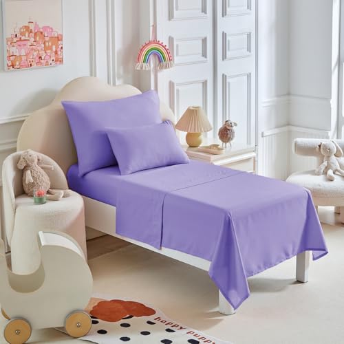 Image of Kids Comforter Sheet Set - Soft and Breathable Bed Set Includes Quilted Comforter, Fitted Sheet, Flat Top Sheet, Pillowcase and Toddler Pillowcase for Toddler - 5 Pieces Toddler Bedding Set Purple