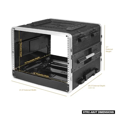 Image of Sound Town Lightweight 8U PA DJ Rack /Road Case with 7U Rack Space, ABS Construction, 19 inch Depth, Retractable Handle, Wheels and Heavy-Duty Latches (STRC-A8UT)