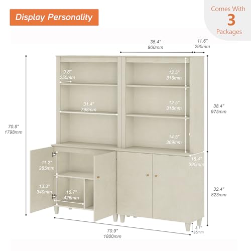 Image of WAMPAT 71 inch Tall Bookshelf with Storage Cabinet, 2 Column Modern 5-Tier Beige Wood Bookcase with Adjustable Shelf, 71 inch Wide Wooden Display Bookshelves for Home Office, Living Room, Bedroom