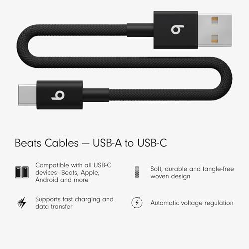 Image of Beats USB-A to USB-C Woven Short Cable Fast Charging Durable /Tangle-Free Compatible Charger for Apple & Android Devices (8 in, 20 cm) - Bolt Black