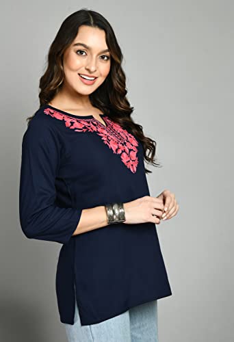 Image of QAZMI Women's Cotton,Rayon Embroidered Regular Tunic Shirt
