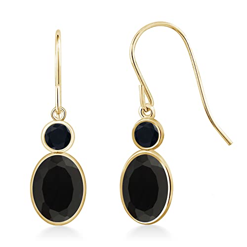 Gem Stone King 14K Yellow Gold Black Onyx Hook French Fish Ear Wire Dangle Earrings For Women (1.60 Cttw, Gemstone December Birthstone, Oval 7X5MM, Round 3MM)