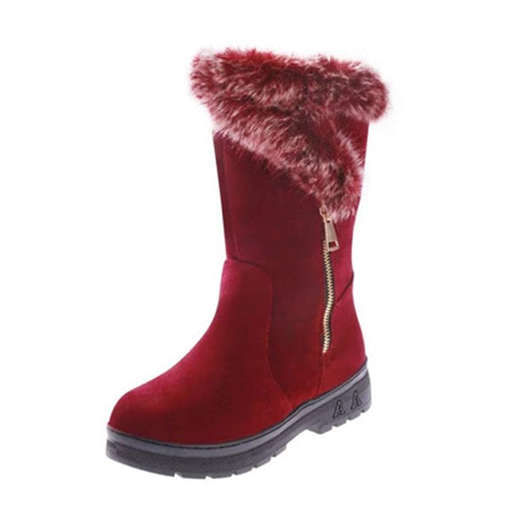 Bcshiye Womens Winter Snow Boots Fur Lined Warm Cozy Casual Side Zipper Ankle Booties Thick Low Heels Mid-Calf
