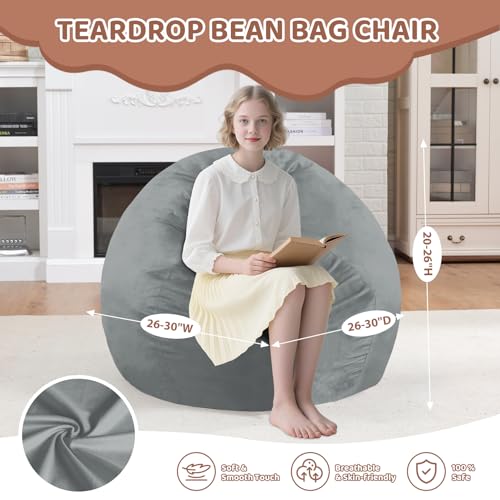 2FT Bean Bag Chair, Comfy Bean Bag Chairs with Memory Foam Filled, Fluffy Beanbag Sofa with Dutch Velvet Cover, Teardrop BeanBag Chairs for Living Room, Playroom - Light Grey