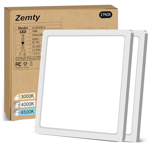 zemty 2Pack Deckenlampe LED Deckenleuchte Flach 3Farben - 3000K/4000K/6500K IP44 Wasserfest Quadrat Badlampe Decke 2100LM Modern LED Decklit für Flur küche Badezimmer Schlafzimmer Büro Ø22CM