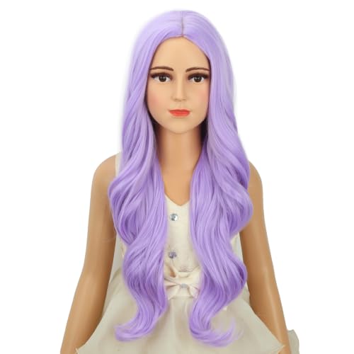 Image of Lavender Purple Wig Long Light Purple Wavy Curly Wig Middle Part Wigs Heat Resistant Synthetic Wigs with Cap (Small Size)