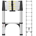 DEZEX Telescoping Ladders 8.5 FT Aluminum Ladder - One-Button Retraction Collapsible Telescopic Ladder for Home,RV,Attic & Loft, Lasts 330 LBS with 2 Triangle Stabilizers