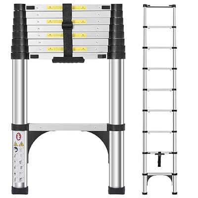 DEZEX Telescoping Ladders 8.5 FT Aluminum Ladder - One-Button Retraction Collapsible Telescopic Ladder for Home,RV,Attic & Loft, Lasts 330 LBS with 2 Triangle Stabilizers