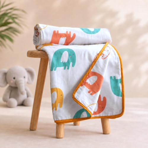 Image of LORETO - A QUALITY LINEN BRAND 100% Cambric Cotton Double Dohar 88 x 90 Inches, 3-Layer Lightweight AC Blanket with Soft Cotton Flannel Filling, Summer Quilt, Reversible, Coral Green Elephants