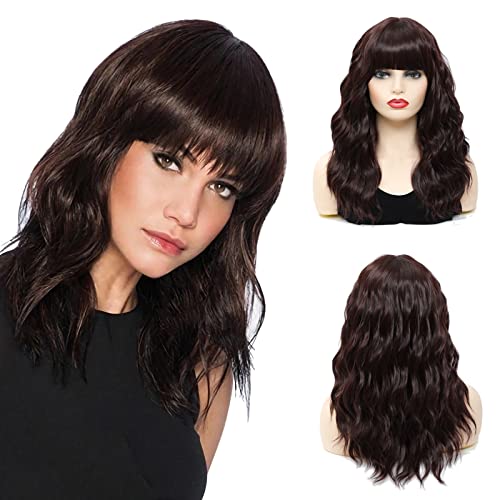 BCHR Brown Wigs with Neat Bangs Natural Curly Wavy Hair Synthetic Wigs for Women Party Costume Cosplay Wig