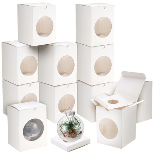 Fullhawl 20 Pack Christmas Ornaments Balls Boxes 3.2x 3.2x 4.2 for 3.15/80 mm Balls Gift Box with Lids and Window Xmas DIY Ornament Party Favor for Selling Cupcake Gift Packaging(White)