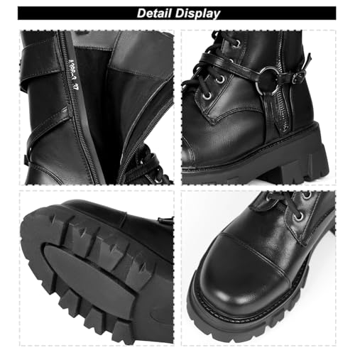 Image of Women Harness Motorcycle Biker Boots Steampunk Combat Boots Chunky Mid Calf Goth Boots Lug Sole Lace up Side Zipper