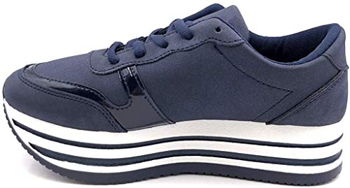 Angkorly - Chaussure Mode Baskets Plateforme Street Femme clouté Perle Rayures Talon compensé Plateforme 4.5 CM - Intérieur Textile - Bleu - GG501 T 39