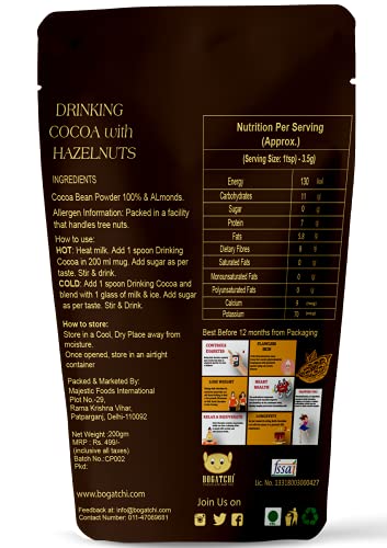 Image of BOGATCHI Real Drinking Cocoa with Hazelnuts |NO Sugar Drinking Chocolate | Tasty - Gluten Free - Vegan | Dark NO Sugar Drinking Chocolate | Cocoa Powder| 200g
