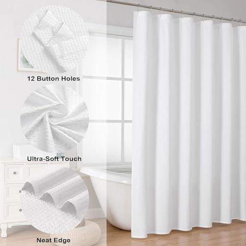 Image of HOMETHREADS Embrace Luxury with Our 6-Feet Long Premium Polyester Shower Curtain with 12 Hooks for a Lavish Bathroom Ambiance | Stylish, Splendid, and Perfectly Sized (Waffle White, 180x200cm)