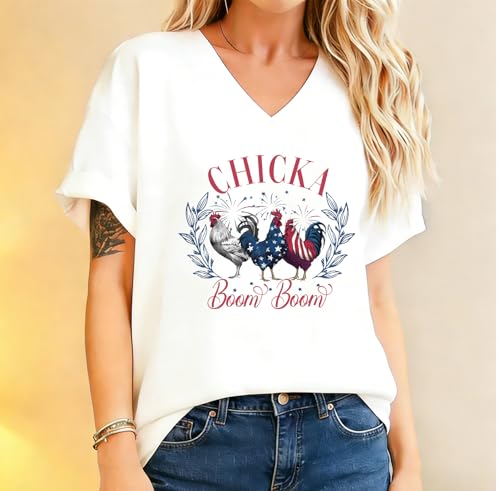 SMQIZR Chicka Boom Boom Shirt 4th of July Chicken V-Neck Shirt Patriotic Rooster Tee