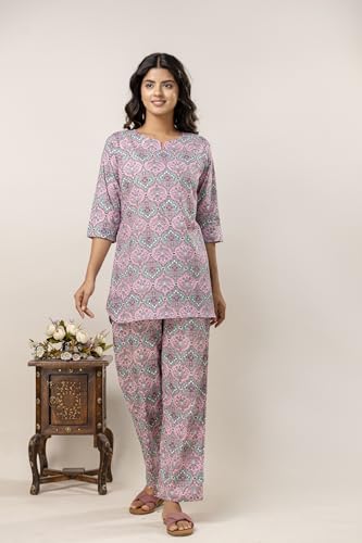 Image of Pure Cotton Printed Night Suit Top and Pyjama Set for Women's Night Dress of Shirt & Pyjama Set for Womens
