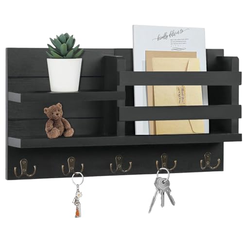 Image of Wooden Wall Mounted Key Holder with Hooks and Organizer Shelf Wall Rack for Letters Wallets and Accessories Home and Office Wall (Black, Elegant Mail Organizer)
