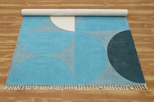 Tapis Kilim en coton imprimé géométrique bleu et vert doux et durable - 7