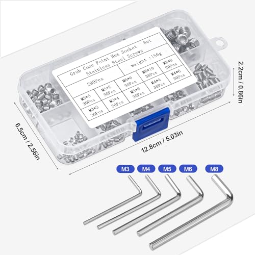 290 pièces Vis Sans Tete sphérique conique, jeu de Vis à six pans creux M3/M4/M5/M6/M8, vis poignée de porte, vis sans tête poignée de porte, avec 5 clés hexagonales