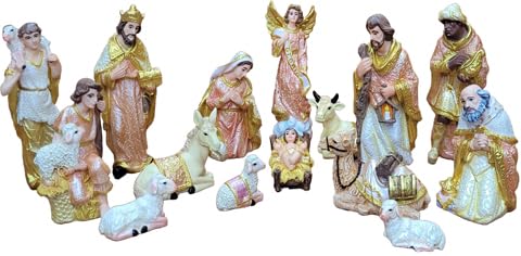 Resin Christmas Nativity Crib Set - 6 inch | Nativity Set/Crib Set Statues of Baby Jesus, Angel, Joseph & Mary, Shepherd & Animals (15 pcs)