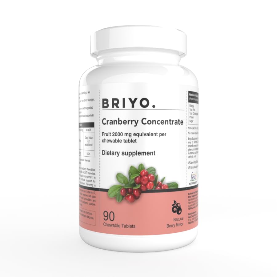 Briyo Cranberry Vitamin C Chewable Tablets (Equivalent To 2000 mg Fruit), 200 mg Cranberry Extract, supports Urinary Tract Health & Immune Health, Natural Berry Flavor 90 Tablets