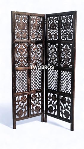 Image of Wooden Room Partition Screen with Burnt Wood Finish | Hand Buffed Traditional Handicraft Room Divider | 6 Ft Height Indoor Room Separator (2 Panel 5 Feet)