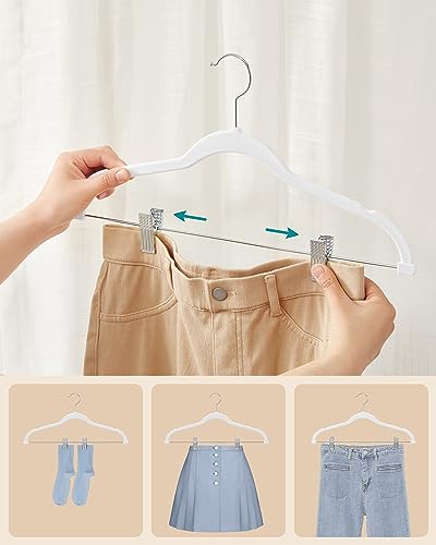 Image of SONGMICS Set of 10 Velvet Trouser Hangers with Adjustable Clips | Non-Slip, Space-Saving, 42.5 cm Long, for Skirts, Coats, Dresses, White, Hangers, Trouser Hanger CRF012W10