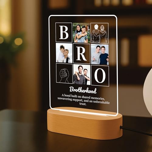 Image of Giftplease Personalized Brother Photo Night Light - Custom Acrylic Night Lamp with Wooden Base, Engraved Plaque, Unique Birthday, Rakhi Gifts for Brother, Brother in Law, Bhai, Room Decor Aesthetic