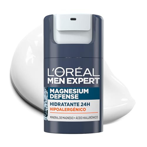 L'Oréal Men Expert, Crema Facial Hidratante 24H Para Hombre, Hipoalergénica Mineral de Magnesio + Ácido Hialurónico, Sin alcohol, Pieles Sensibles, 50 ml