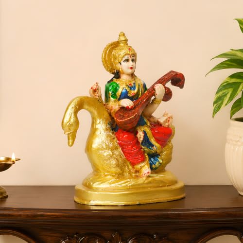 Image of Goddess Saraswati Idol with Veena & Swan (5.5 Inch) - Colorful Maa Saraswati Murti for Home, Office & Study Room