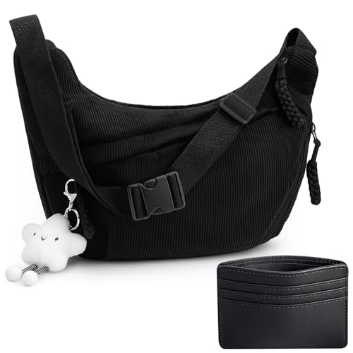 Crossbody Bag Damen Umhängetasche, Halbmond Crossbody Bag mit Verstellbarer Schultergurt, Cord Damen Halbmond Tasche Hobo Casual Handtasche für Arbeit Schule Reisen Einkaufen Alltag (Schwarz)