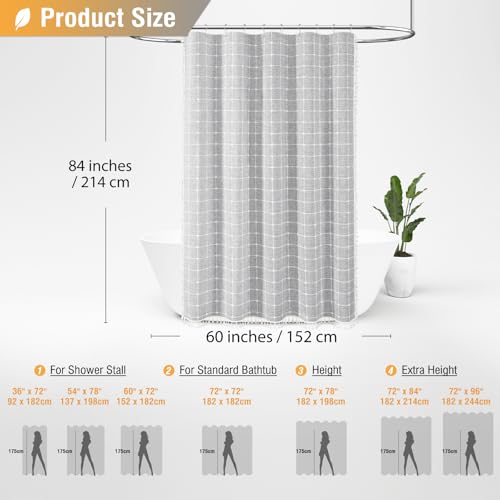 Image of BTTN Stall Shower Curtain - 60x84 Long Boho Farmhouse Linen Weighted Fabric Cloth Shower Curtain Set with 10 Plastic Hooks, Narrow Bohemian Country Decorative Shower Curtains for Bathroom - Grey /Gray