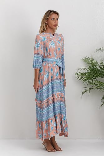 Image of Women Boho High-Waist Floral Print Maxi Dress 3 /4 Sleeve Casual | Soft Rayon, Breathable, Quick-Dry. High-Waist with Adjustable Belt, Flattering Hem. Ideal for Beach, Work & Dating.