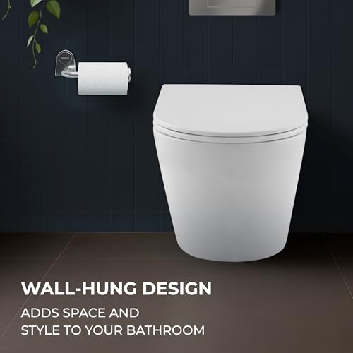 Image of Somany Eiffel Plus Quiet Swirl Wall Hung Toilet | Round Rimless Design, Dual Flush 3 /6 LPF | Tornado Flush & UF Soft-Close Top-Fixing Seat