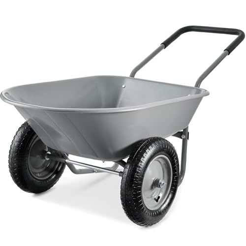 Best Choice Products Dual-Wheel Home Utility Yard Wheelbarrow Garden Cart w/Built-in Stand for Lawn, Gardening, Construction - Gray