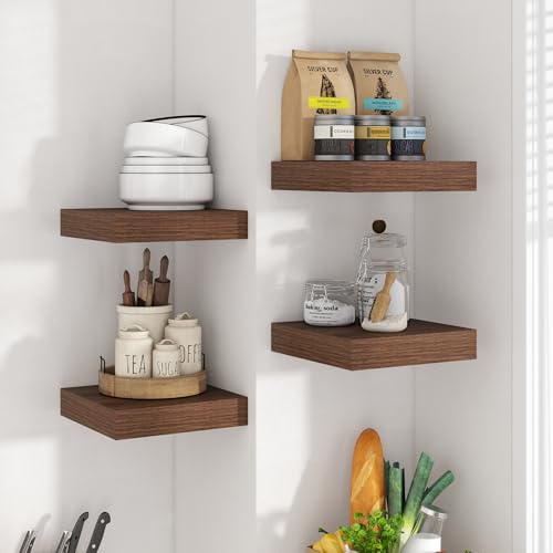 Image of Axeman Square Floating Shelves for Wall, 8 inch W x 8 inch D x 1.4 inch H Rustic Wooden Wall Shelves, 4 Pack Wall Mounted Floating Shelf with Invisible Brackets for Living Room, Bathroom, Kitchen, Walnut Color