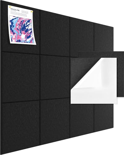 Paquete de 12 tableros de corcho de 11.8 x 11.8 pulgadas de fieltro negro con respaldo adhesivo, organizador de pared personalizable para oficina, hogar, aula, fotos, notas, notas