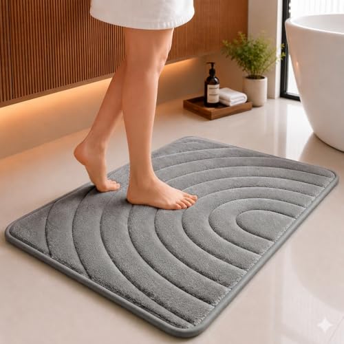 Image of Premium Memory Foam Bath Mat | 40x60cm Super Absorbent Velvet Bathroom Rug | Non-Slip Machine Washable Floor Mat (Stone Grey)