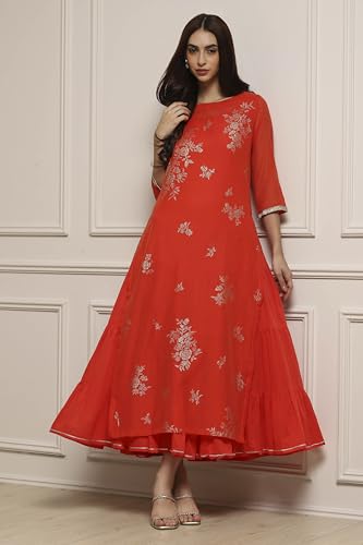 Image of Biba Women's Poly Chanderi 3 /4 Sleeves Calf Length Round Neck A-Line Casual Dress