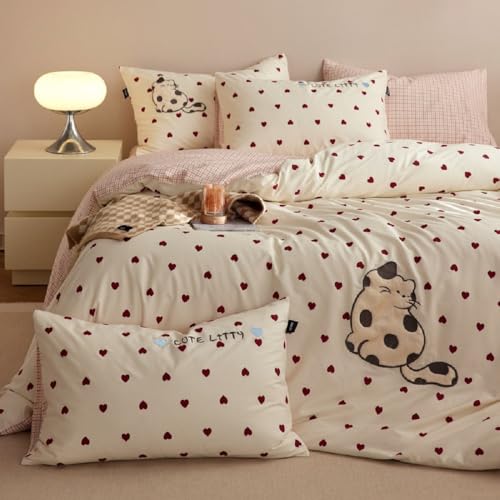 Sedefen Bettwäsche 135x200 cm Weiß Rot Herzen Katzen Wende Bettwäsche Set für Kinder Mädchen,Stickerei ÖKO-TEX Bettwäsche Kariert Bettbezug mit...