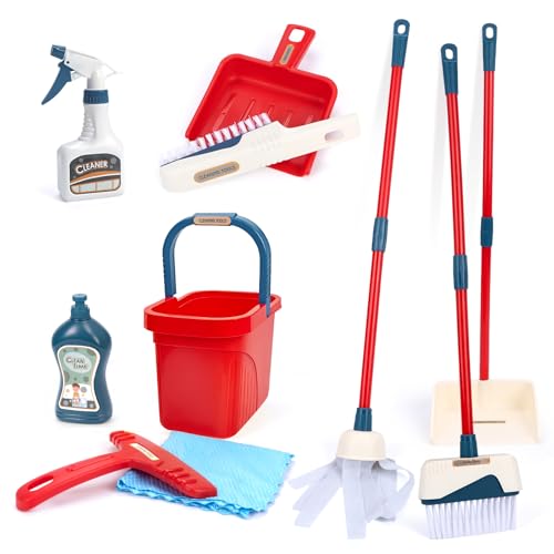 Jenilily Kids Cleaning Set Toys 10PCS Detachable Broom Mop Dustpan Brush Housekeeping Pretend Playset Gift for Girls & Boys
