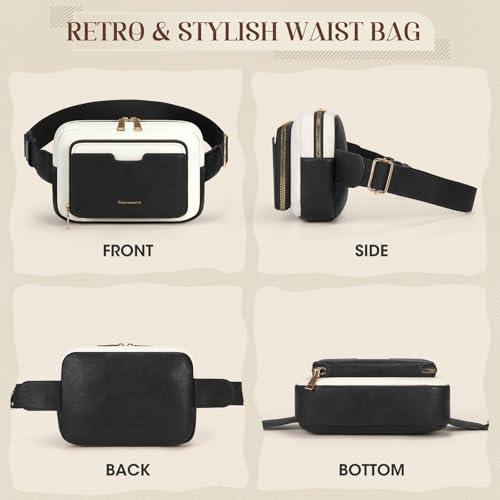 Image of RAINSMORE Fanny Packs for Women, Leather Belt Bag Waterproof Everywhere Crossbody Waist Pack with Adjustable Strap Retro Sling Chest Bag for Work Running Travel Party, Black with White