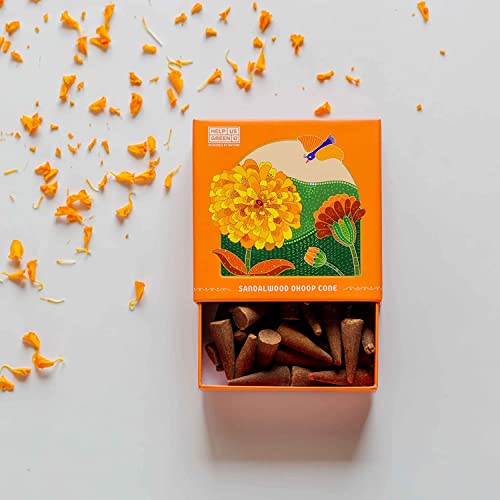 Image of HelpUsGreen Sandalwood and Mogra Organic Dhoop Cones Pack of 2 (80 Cones) with Free Ceramic Holder| Natural Charcoal Free Incense Cones for Pooja, Meditation, Yoga| Long Lasting and Low Smoke
