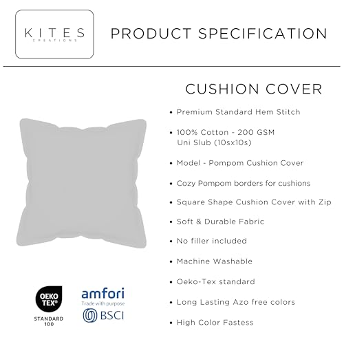 Image of 100% Cotton Pom Pom Cushion Without Filler, Elegant & Modern Cushion Cover for Living Room, Square Shape, 16 inchx16 inch, uni slub, Set of 2 - Baby Blue