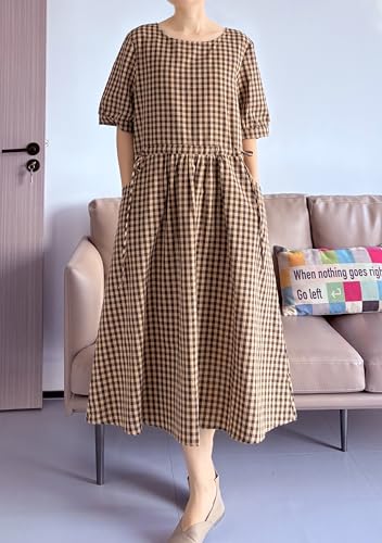 Minibee Women's Cotton Linen Dress Summer Short Sleeve Casual Plaid Flowy A-Line Midi Dresses with Pockets2