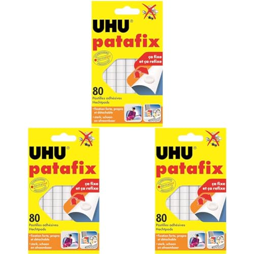 UHU Patafix blanche - pastilles adhésives prédécoupées, pâte à fixer, repositionnables, blanche, 80 pastilles (Lot de 3) UHU Patafix blanche - pastilles adhésives prédécoupées, pâte à fixer, repositionnables, blanche, 80 pastilles (Lot de 3)