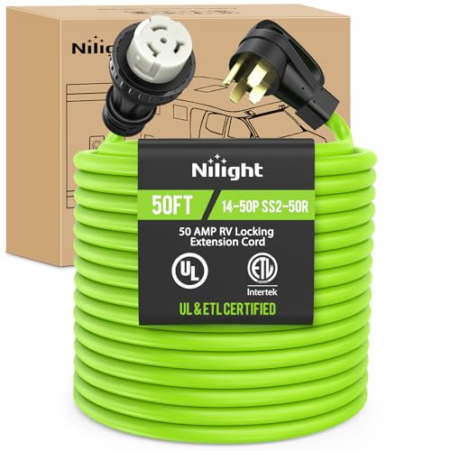 Image of Nilight 50FT 50 Amp RV Locking Extension Cord 250V Heavy Duty 6 /3+8 /1 Gauge Pure Copper STW Wire UL ETL Listed 4 Prong 14-50P SS2-50R Weatherproof Suit for Camper Caravan Trailer Bright Green