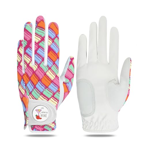 GKandi Women Golf Gloves Right Handed Golfer Left Hand Glove Grip Soft Breathable All Weather Printed Pattern 1 Pack with Ball Marker for Ladies Size S M L (Square, Medium)